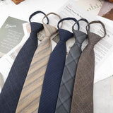 AIDASE  -  8cm British Style Casual Brown Khaki Plaid Clip Ties For Men Adult Polyester Wool Solid Gray Necktie Business Free Knot Lazy Tie aidase-shop