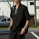 AIDASE  -  Men Shirt Lapel Short Sleeve Patchwork Lace Up Casual Men Clothing Streetwear Korean Style Summer Fashion Male Tops aidase-shop