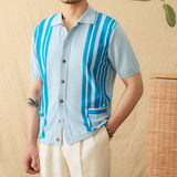 AIDASE  -  Versatile Men Shirt Striped Spliced Decoration Breathable Short Sleeved Knitted Cardigan Design Casual Clothing