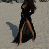 AIDASE  -  Sexy Swimsuit Covers Women's V Neck Ruffled Lace-up Beach Dress Open Slit Sunscreen Beachwear Vacation Bikini Long Skirt aidase-shop