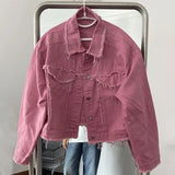 AIDASE  -  Niche Frayed Retro Denim Jacket High Street Workwear Jean Coats for Men Loose Short Casual Outwear Pink Trendy Men's Clothing aidase-shop