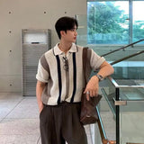 AIDASE  -  New Summer Knit Men's Polo Shirt Korean Fashion Hollow Out Mesh Lapel Striped Short Sleeve Casual Loose Polo Shirts aidase-shop