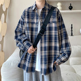 AIDASE  -  Vintage American Plaid Long Sve Men's irt Loose Fit Faionable Urban Sle Polyester Cotton Blend Autumn Wear aidase-shop
