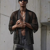 Aidase Mesh See-through Fishnet Mens Shirt Cardigan Fashion Sexy Shawl Nightclub Wear Tops 3/4 Sleeve Camisas Streetwear For Men