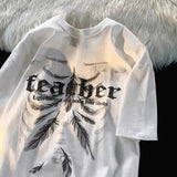 AIDASE  -  Punk Kpop Cotton Short-sleeved T-shirt Men Summer New Hong Kong Style Letter Feather Print High-end Trendy Loose Top aidase-shop