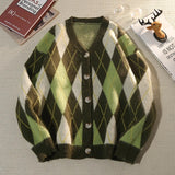 AIDASE  -  Japanese Retro Rhombus V-neck Cardigan Sweater Men in Spring Autumn Loose Thickened Sweater Casual Lazy Style Jacket Aesthetic aidase-shop