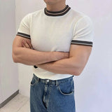 AIDASE  -  Light Luxury Ice Silk Knitted Contrast Color Round Neck Pullover Men's T-shirt Business Gentleman Male Tops aidase-shop