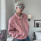 Aidase Mens Cropped PU Leather Jacket Fashion Turn-down Collar Gradient Color Retro Coat Zipper Men's Motorcycle Outwear Spring Pink aidase-shop