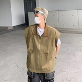 AIDASE  -  Autumn Men's Zipper Sleeveless Denim Jackets Outwear Streetwear Khaki Cargo Vest Coats New Hip Hop Fashion Working Clothes aidase-shop