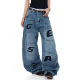 AIDASE  -  American Style Men's Jeans Letter Print Decoration Loose Wide-Leg Floor-Length Denim Pants Multi-pocket Trousers 21E7216 aidase-shop