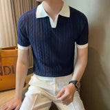 Aidase Spring Summer Fashion Elegant Flip Neck Tees Knitted Casual Versatile Western Commuter Clothing Loose Solid Men's Polo Shirts