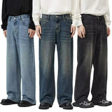 AIDASE  -  Vintage High Street Straight Jeans Men Half Elastic Waist  Loose Washed Denim Pants Four Seasons Fashion Wide-leg Trousers aidase-shop