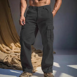 AIDASE  -  Men's Khaki Linen Cargo Pants Loose Straight Leg Multi-pocket Casual Trousers aidase-shop