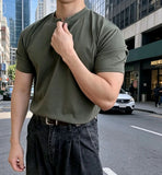 AIDASE  -  New Men's Henry Neck Short Sleeve T-shirt Summer High Elastic Fitness Slim Fit Base Layer Top Muscle Fit Casual Tee For Workout aidase-shop