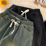 Aidase Men Summer Hip Hop Ripped Hole Denim Shorts Punk Washed Vintage Raw Edge Shorts Denim Streetwear Five-Minute Shorts