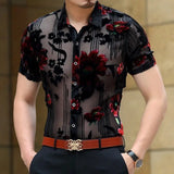 Aidase Men Club Party  New DJ Prom Shirt Short Sleeve Chemise Homme Transparent Flower Velvet Shirt Men See Through Lace Shirt