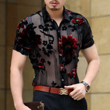 Aidase Men Club Party 2022 New DJ Prom Shirt Short Sleeve Chemise Homme Transparent Flower Velvet Shirt Men See Through Lace Shirt aidase-shop