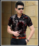 Aidase Men Club Party 2022 New DJ Prom Shirt Short Sleeve Chemise Homme Transparent Flower Velvet Shirt Men See Through Lace Shirt aidase-shop