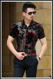 Aidase Men Club Party 2022 New DJ Prom Shirt Short Sleeve Chemise Homme Transparent Flower Velvet Shirt Men See Through Lace Shirt aidase-shop