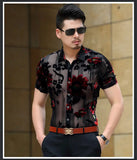 Aidase Men Club Party 2022 New DJ Prom Shirt Short Sleeve Chemise Homme Transparent Flower Velvet Shirt Men See Through Lace Shirt aidase-shop