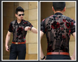 Aidase Men Club Party 2022 New DJ Prom Shirt Short Sleeve Chemise Homme Transparent Flower Velvet Shirt Men See Through Lace Shirt aidase-shop