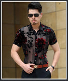 Aidase Men Club Party 2022 New DJ Prom Shirt Short Sleeve Chemise Homme Transparent Flower Velvet Shirt Men See Through Lace Shirt aidase-shop