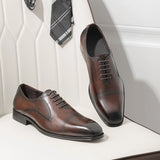 New Men's Business Formal Wear Shoes First Layer Cowhide Lace-Up Small Square Toe Genuine Leather Shoes Men