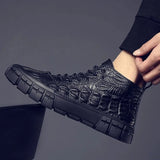 Black Uneven Leather Winter Boots Men Cool Casual Fur Boots for Youth Boys Alligator Print Platform Sneakers Men Autumn Shoes aidase-shop