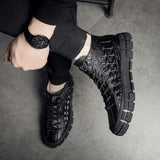 Black Uneven Leather Winter Boots Men Cool Casual Fur Boots for Youth Boys Alligator Print Platform Sneakers Men Autumn Shoes
