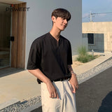 Loose Solid Summer Tops Men Korean V-neck Short-sleeved T-shirt Boy Harajuku Slim New Men's Black Tees aidase-shop
