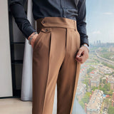 Aidase Fashion Trousers Man High Waist Khaki White Black Business Casual Suit Pants Belt Cuffs Korean Clothing Solid Vertical Bottom