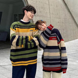 Aidase 2022 Men's Japanese Pullover Round Neck Color Matching Coats Striped Wool Sweaters Loose Lazy Style Retro Cashmere Knitting aidase-shop