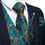 Aidase  2022 New Teal Green Paisley 100% Silk Formal Dress Vest Men Waistcoat Vest Wedding Party Vest Tie Brooch Pocket Square Set DiBanGu aidase-shop