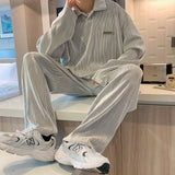 Gray Pleated Sets Men's Fashion Casual Lapel T-shirt Trousers Two-piece Men Treetwear Korean Loose Oversized Mens Sets M-2XL aidase-shop