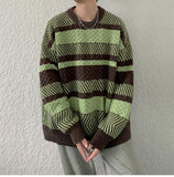 Aidase Korean Fashion Patchwork Striped Round Neck Sweater Men Autumn and Winter Thick Sweater Harajuku Loose Retro Japanese Pullover aidase-shop