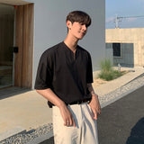Loose Solid Summer Tops Men Korean V-neck Short-sleeved T-shirt Boy Harajuku Slim New Men's Black Tees aidase-shop