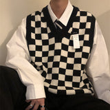 Aidase 2022 New Autumn Arctic Velvet Checkerboard Pattern Men's Sweater Vest Retro V-neck Sleeveless Knit Vest Woolen Korean Clothes aidase-shop