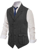 Mens Suit Brown Vest Lapel Wool Herringbone Retro Tooling Vest Waistcoat Casual Formal Business Groomman For Wedding Working aidase-shop