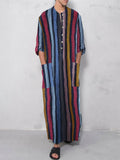 Aidase  Summer Islamic Arabian Kaftan Men's Muslim Long Sleeve Cotton Striped Suit Middle East Dubai Abaya Retro Men's Robe aidase-shop