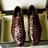 Phenkang Men Genuine Leather Crocodile Shoes Formal Dress Classic Style Burgundy Mens Wedding Lace Up Pointed Toe Oxford Shoes aidase-shop