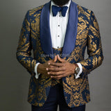 Aidase Gold Floral Jacquard Prom Men Suits Blue Shawl Lapel 3 Piece Slim Fit Groom Tuxedo Male Fashion Costume Blazer Vest with Pants aidase-shop