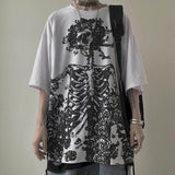 Aidase Summer half-sleeved tshirts tops dark high street gothic skull rose print loose short-sleeved T-shirt men and women streetwear aidase-shop