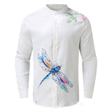 Bird Printed Long Sleeve Shirt Men Stand Collar Cardigan Button Shirt for Men Casual Vintage Hawaiian Men's Clothes  Spring aidase-shop