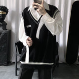 Aidase Autumn and Winter Acrylic Knit Sweater Vest Men's Solid Color Casual Loose Trend Black V Neck Sweater Pullover Sleeveless Vest aidase-shop