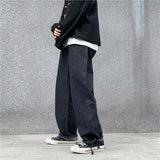 Men Jeans Solid Drawstring Denim Full Length Straight Loose Males All-match Trendy Punk Baggy Retro Leisure Chic Cowboy Trousers aidase-shop