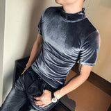 Autumn Winter T Shirt Men Fashion  Turtleneck Streetwear Mens T-Shirts Short Sleeve High Quality Velvet Tee Shirt Homme 3XL aidase-shop