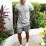 Men's Activewear Solid Color Short Sleeve Zip Lapel Polo Shirt and Shorts Set Men's Casual Streetwear 2 Piece Summer