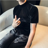 Autumn Winter T Shirt Men Fashion  Turtleneck Streetwear Mens T-Shirts Short Sleeve High Quality Velvet Tee Shirt Homme 3XL aidase-shop