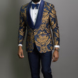 Aidase Gold Floral Jacquard Prom Men Suits Blue Shawl Lapel 3 Piece Slim Fit Groom Tuxedo Male Fashion Costume Blazer Vest with Pants aidase-shop