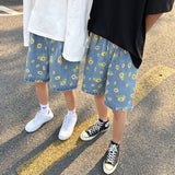 Summer Cotton Denim Shorts Men's Fashion Casual Flowers Denim Shorts Men Streetwear Korean Loose Drawstring Denim Shorts Mens aidase-shop